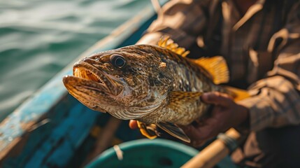 A Man holding a fish in his hand on a boat