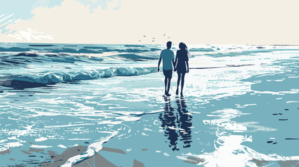 Young couple walking on the beach. Valentine's Day concept, vector illustration - obrazy, fototapety, plakaty