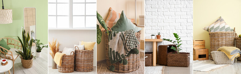 Set of wicker baskets with domestic supplies and houseplants at home - obrazy, fototapety, plakaty