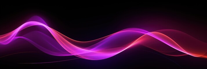 Luminous neon shape wave, abstract light effect vector illustration. Wavy glowing pink purple bright flowing curve lines, magic glow energy motion particle isolated transparent black background.