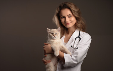 Female veterinarian holding a cat on the brown background. Copy space