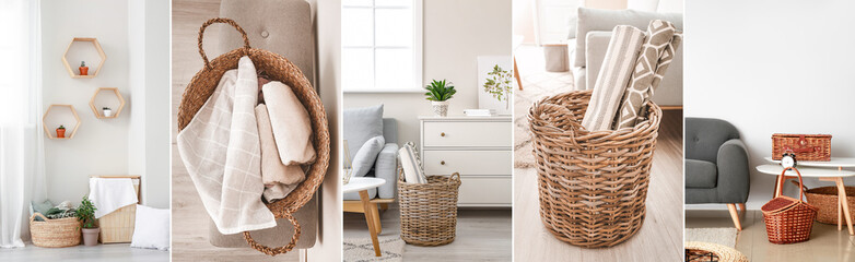 Fototapeta premium Collage of wicker baskets with domestic supplies and houseplants at home