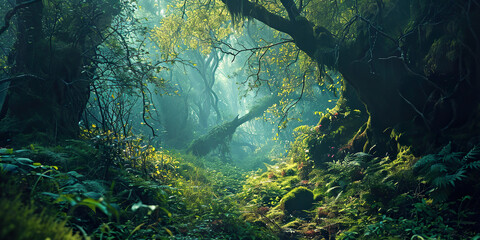 Enchanted forest scene with green, magical creatures.