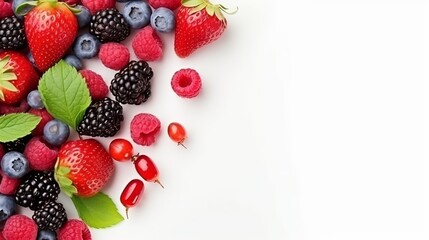 Present fresh fruits and berries in a flat arrangement with copy space