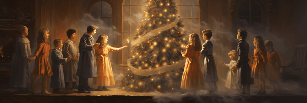 Festive concept theme featuring Christmas tree lights in an urban street scene with kids dancing around it. Urban Holiday Delight: Kids Dancing Around Festive Christmas Tree Lights
