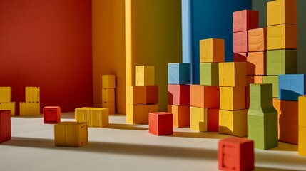 Assortment of Colorful Wooden Blocks Arranged in Various Shapes Against a Multicolored Background