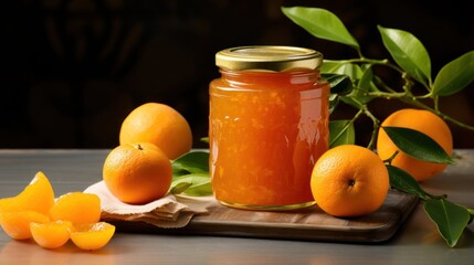  a jar of orange jam sitting on top of a wooden cutting board next to oranges on a cutting board.