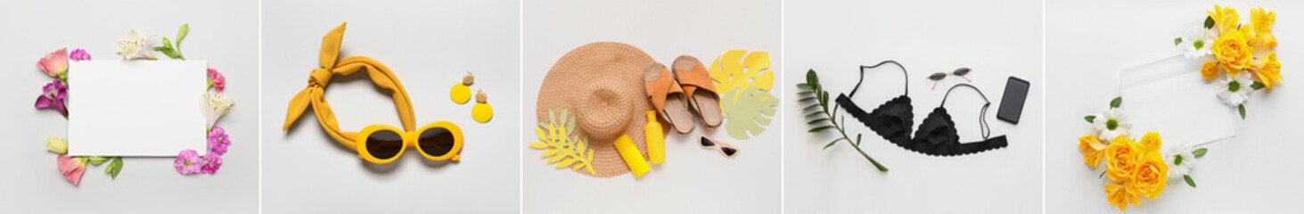 Set of beach accessories with flowers on light background
