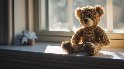 Sunlit Teddy Bear Sitting by the Window with a Plush Dog Toy in Background