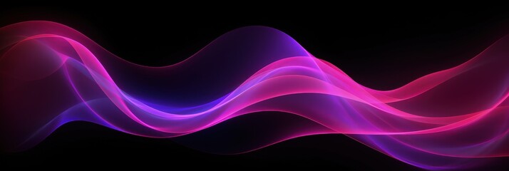 Luminous neon shape wave, abstract light effect vector illustration. Wavy glowing pink purple bright flowing curve lines, magic glow energy motion particle isolated transparent black background. - obrazy, fototapety, plakaty