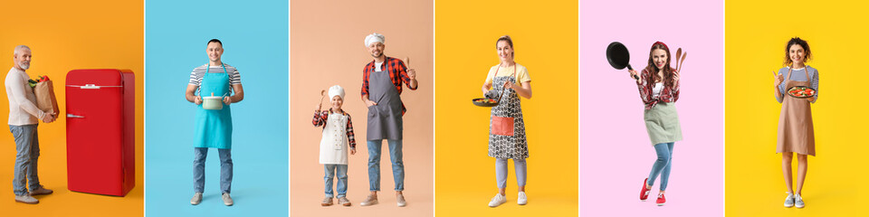 Set of chefs and mature man with products and fridge on colorful background - Powered by Adobe