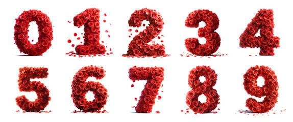 red rose petal numbers from 0 to 9 - ideal for valentines day or other celebration moment - isolated white background - unique 3D letters and numbers set
