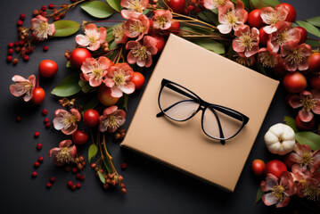 Flat lay composition of apples and flowers with a gift craft box and glasses. Holiday card for Teacher's Day