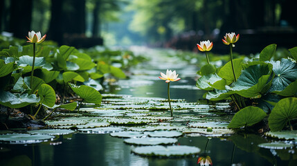 The lotus Lotus leaf plant in lake of leaves and flowers - Powered by Adobe
