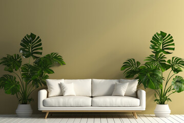 Large potted monstera houseplants at home in the living room with a white sofa on the cream wall