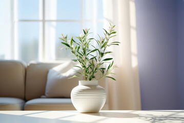 Lavender in a white ceramic pot in a cozy living bright room with a sofa