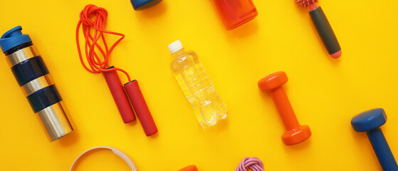 Different sports equipment and bottles of water on yellow background