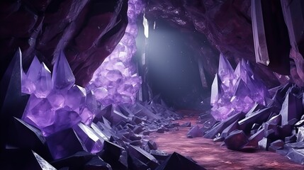 A fantasy amethyst minerals cave with an abstract background of gems and crystals is portrayed in 3d.