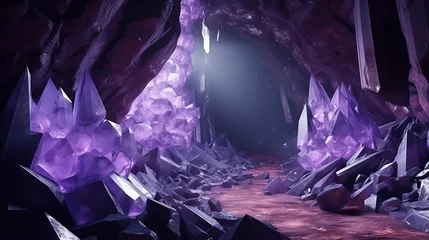 Poster A fantasy amethyst minerals cave with an abstract background of gems and crystals is portrayed in 3d. © Ruslan