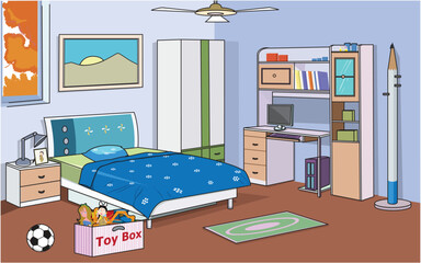 Vector illustration showing bed, almirah, toys, scenery, fan, etc
