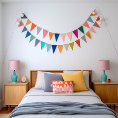 Garland with triangle flags on the white wall in home interior