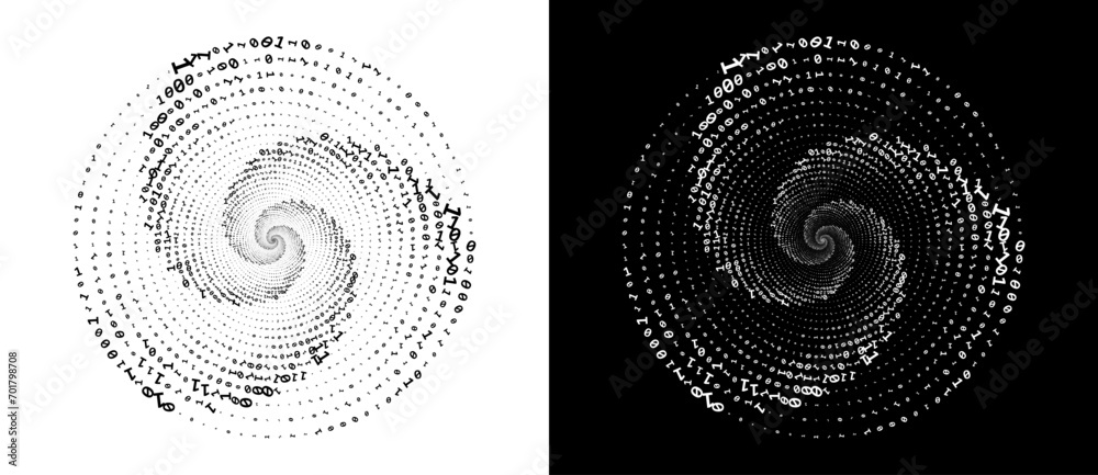 Wall mural abstract numbers one and zero in a spiral. big data or chaos concept, logo icon or tattoo. black sha