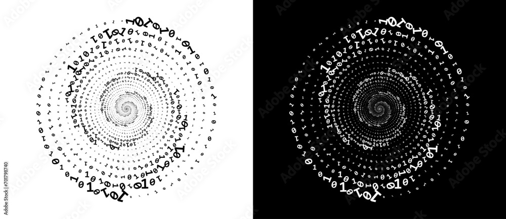 Poster abstract numbers one and zero in a spiral. big data or chaos concept, logo icon or tattoo. black sha
