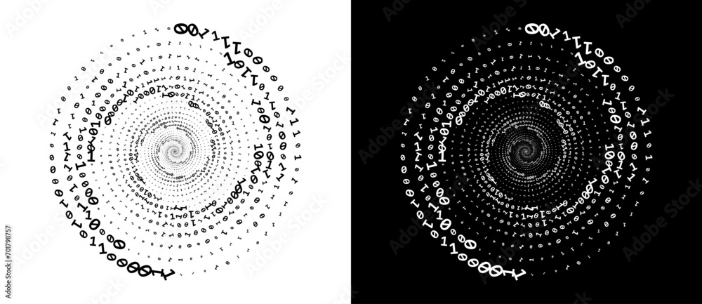 Poster abstract numbers one and zero in a spiral. big data or chaos concept, logo icon or tattoo. black sha