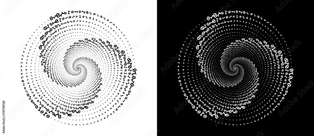 Poster abstract numbers one and zero in a spiral. big data or chaos concept, logo icon or tattoo. black sha