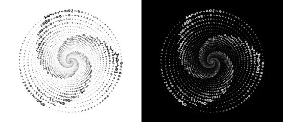 Gordijnen Abstract numbers one and zero in a  spiral. Big data or chaos concept, logo icon or tattoo. Black shape on a white background and the same white shape on the black side. © Mykola Mazuryk