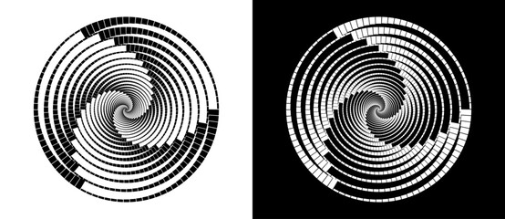 Abstract background with rectangles in circle. Art design spiral as logo or icon. A black figure on a white background and an equally white figure on the black side.