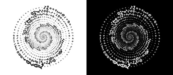 Abstract numbers one and zero in a  spiral. Big data or chaos concept, logo icon or tattoo. Black shape on a white background and the same white shape on the black side. - obrazy, fototapety, plakaty