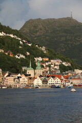 Historical centre of the UNESCO city Bergen in Norway with boats and ships