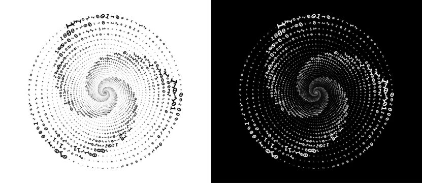 Abstract numbers one and zero in a  spiral. Big data or chaos concept, logo icon or tattoo. Black shape on a white background and the same white shape on the black side.