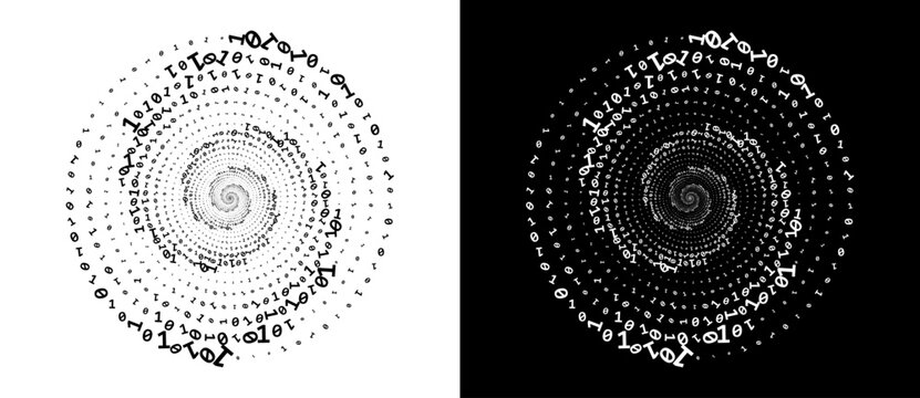 Abstract numbers one and zero in a  spiral. Big data or chaos concept, logo icon or tattoo. Black shape on a white background and the same white shape on the black side.