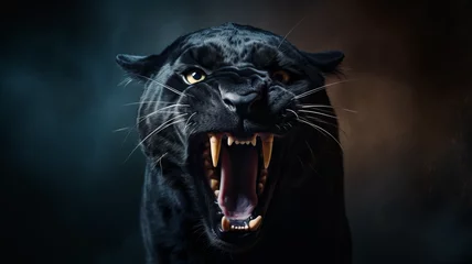 Tuinposter Realistic Black Panther in Action, an Intense Predator's Roar Captured in Digital Artม Close-Up of a Snarling Black Panther in Silhouette Style © Zuyu