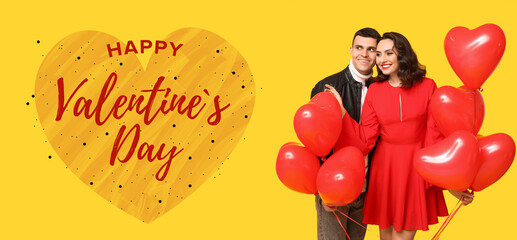 Banner for Valentine's Day with happy young couple holding heart-shaped balloons on yellow...