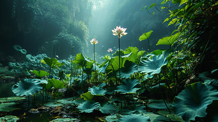Lotus leaf plant in lake of leaves and flowers