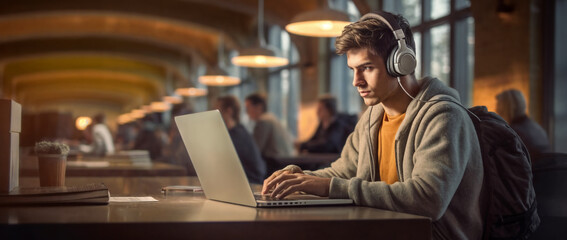 a man wearing headphones is using a laptop computer in a cafe with a view of the ceiling and people sitting in the background,  academic art, generative ai