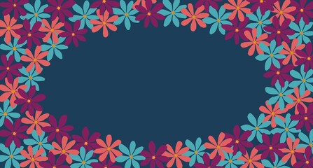 Hand drawn spring garden full of flowers ovale frame. Dark watercolor illustration for scrapbooking. Feminine cartoon hand drawn background with flower for wedding invitation.