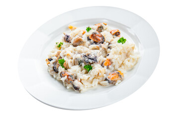 risotto seafood mussel, squid, shrimp fresh rice cooking meal food snack on the table copy space food background rustic top view Pescetarian diet