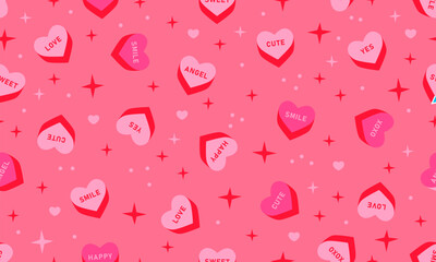 Seamless pattern with sweet heart candy. Sweetheart candies background, conversation sweets for valentines day, valentine sugar food hearts. Heart shape message letter candy background - obrazy, fototapety, plakaty