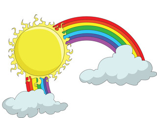 Rainbow, clouds and sun isolated on white background