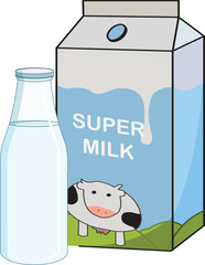 Milk bottle and packet isolated on white background