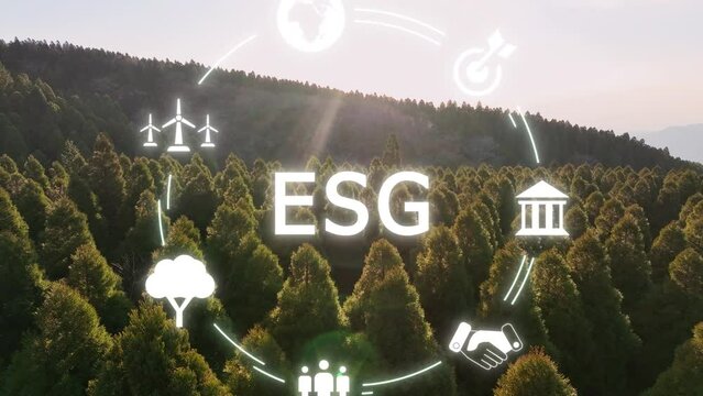 ESG Save the earth planet unity net zero waste CO2 emission. Forest tree nature global care eco growth hope future in clean power energy. Ethical SDGs reduce social issues control protect plan synergy