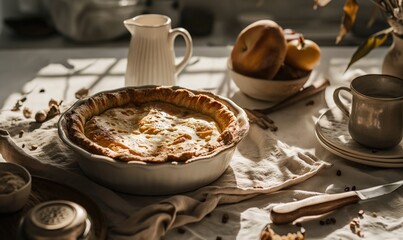 A pie on country wooden table and rural background illuminated with natural sunlight.