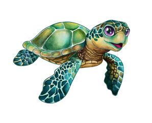 Sea green turtle isolated on white background. Watercolor. Template.