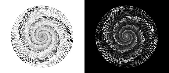 Random rectangles in a spiral. Big data or chaos concept, logo icon or tattoo. Black shape on a white background and the same white shape on the black side. - obrazy, fototapety, plakaty