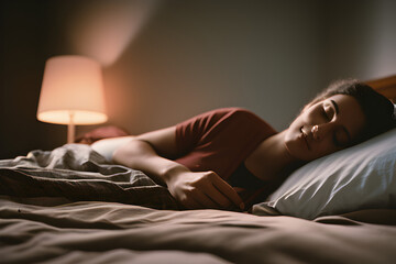 Woman sleeping on the bed resting after exhausted daily routine lifestyle in a comfy bedroom with a lamp on bedside - obrazy, fototapety, plakaty