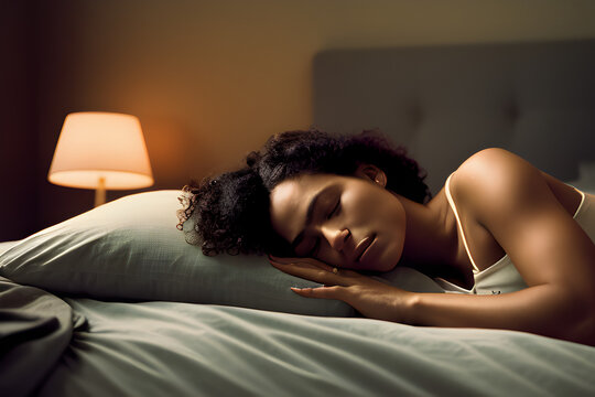 Person sleeping on the bed peacefully resting after exhausted daily routine lifestyle in a comfy bedroom with a lamp on bedside
